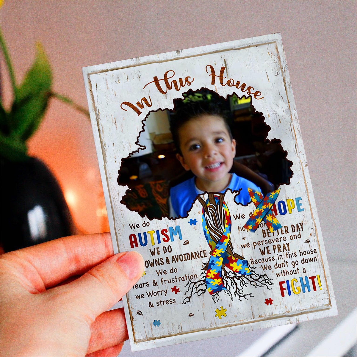 Personalized Crochet Doll with Photo Card "In This House We Do Autism"