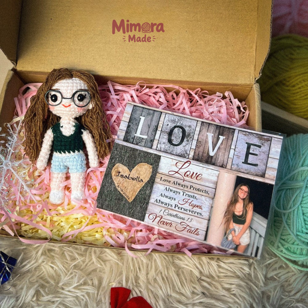 Personalized Crochet Doll with Photo Card "Love Never Fails 1 Corinthians 13"