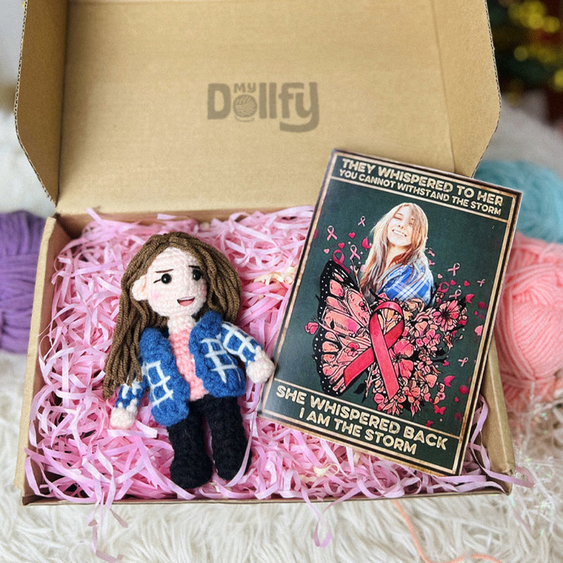 Personalized Crochet Doll with Photo Card "Breast Cancer They Whispered To Her You Cannot Withstand The Storm"