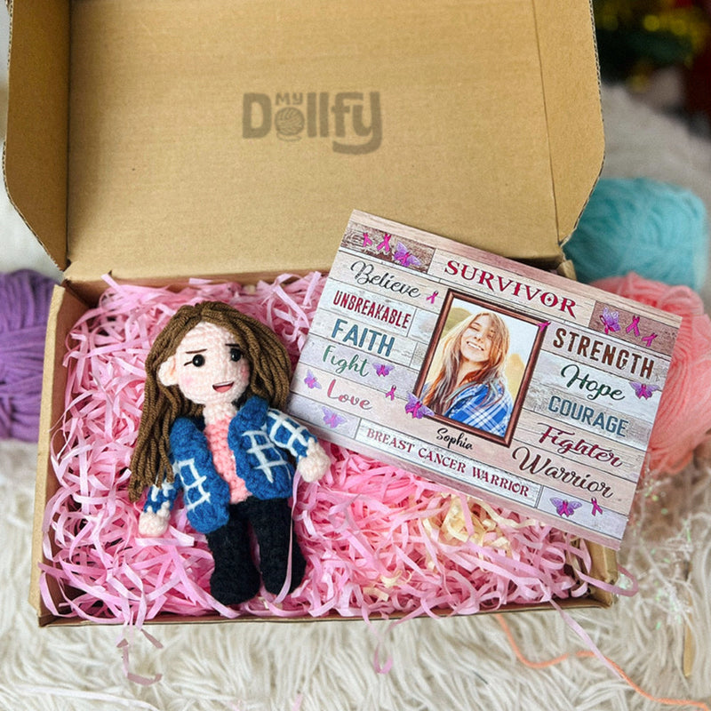 Personalized Crochet Doll with Photo Card "Custom Breast Cancer Fight Strength Faith"