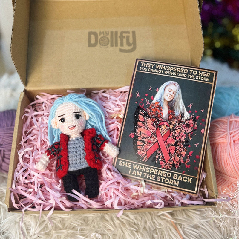 Personalized Crochet Doll with Photo Card "Breast Cancer They Whispered To Her You Cannot Withstand The Storm"